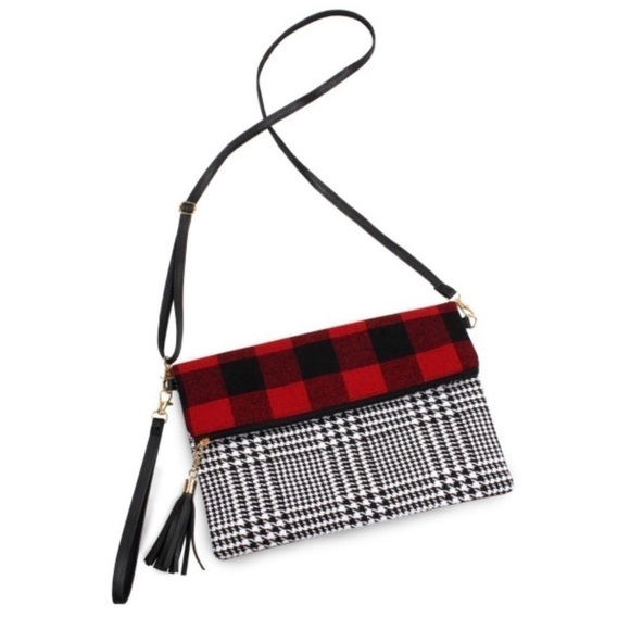 NWT LIB NEW YORK Plaid Fold Over Crossbody Clutch Bag With Wristlet - Picture 1 of 16
